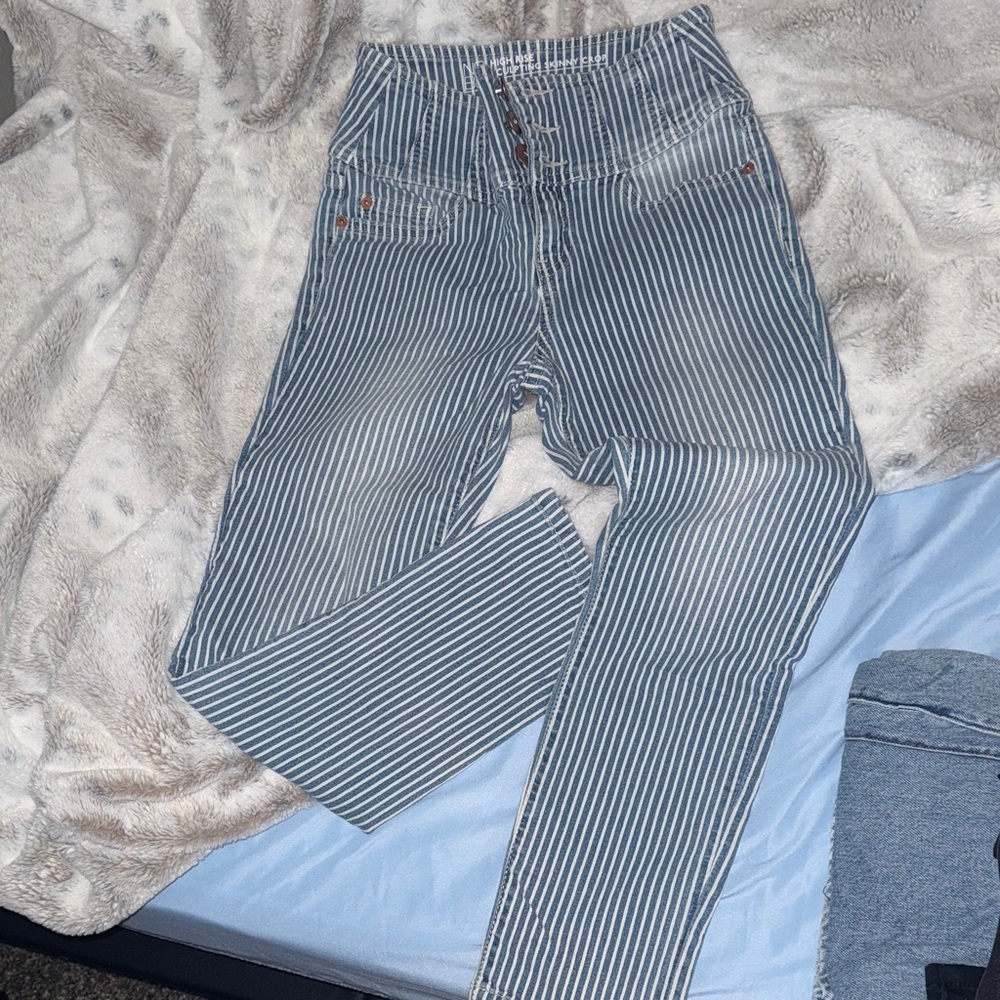 Navy Striped High-Rise Jeans